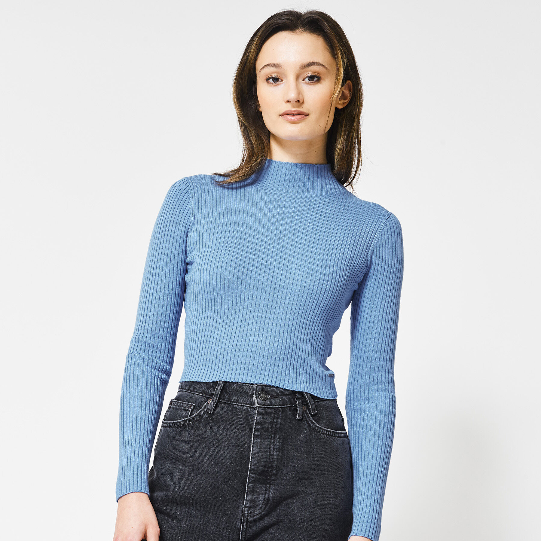 blue ribbed turtleneck