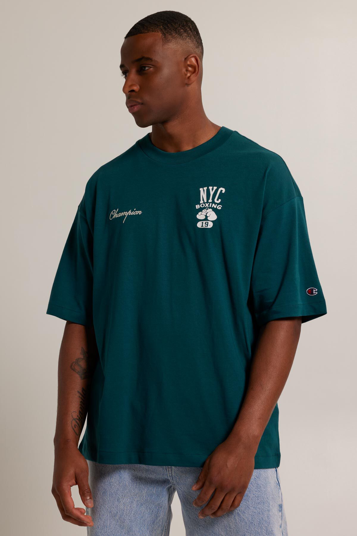 Men Champion Crewneck t shirt Petrol America Today