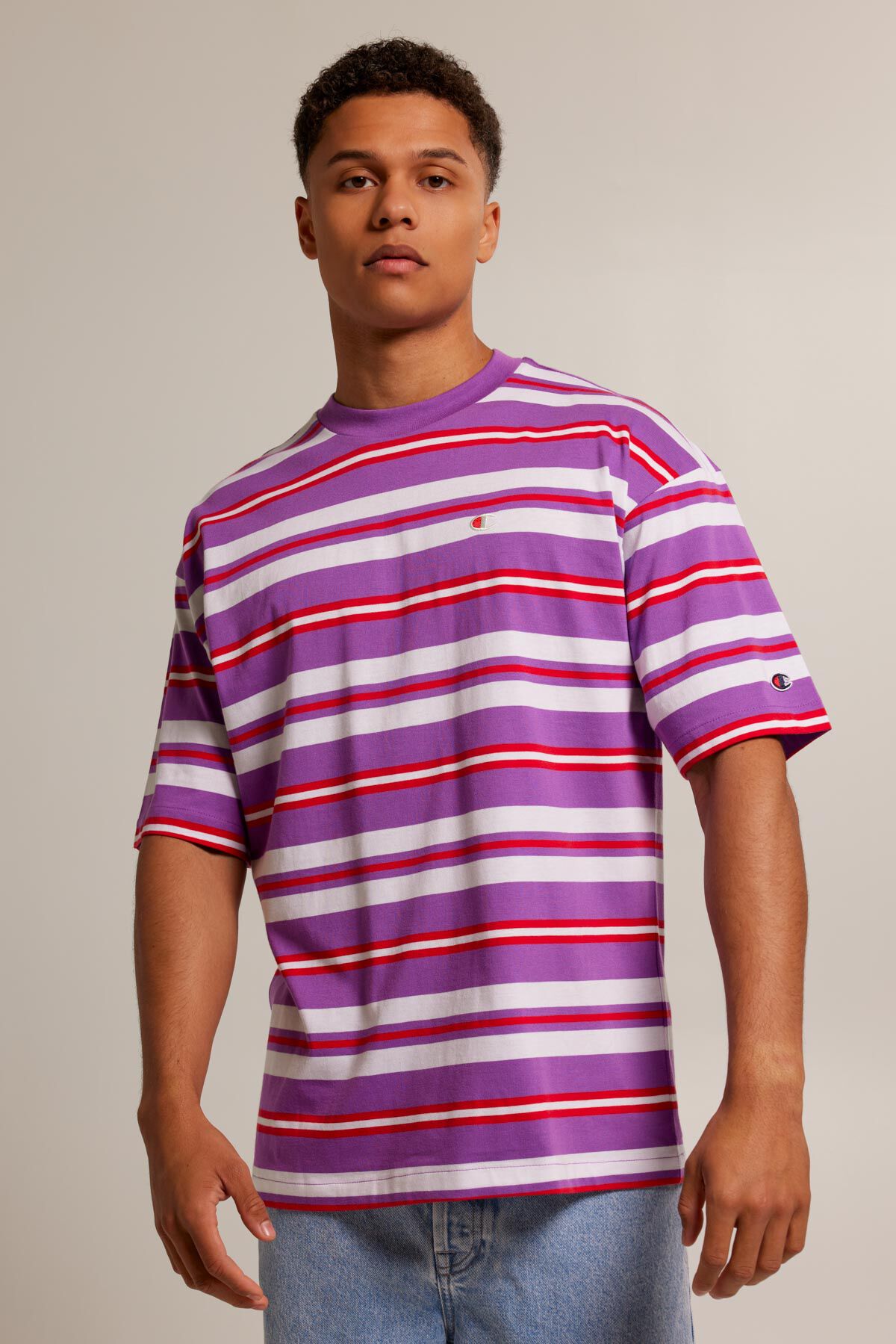 Men Champion Crewneck t shirt White purple