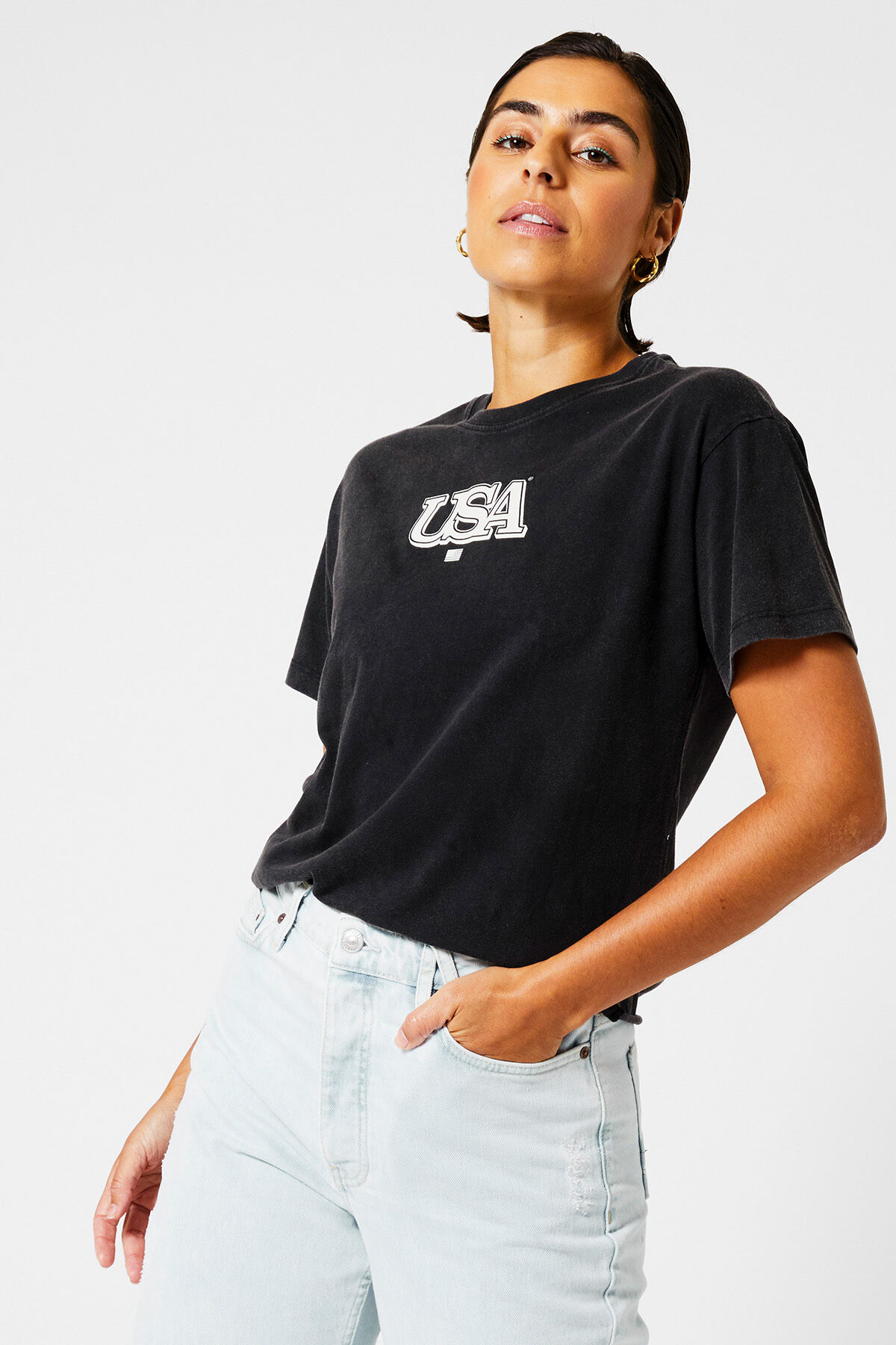 Dames T shirt print USA Washed black America Today