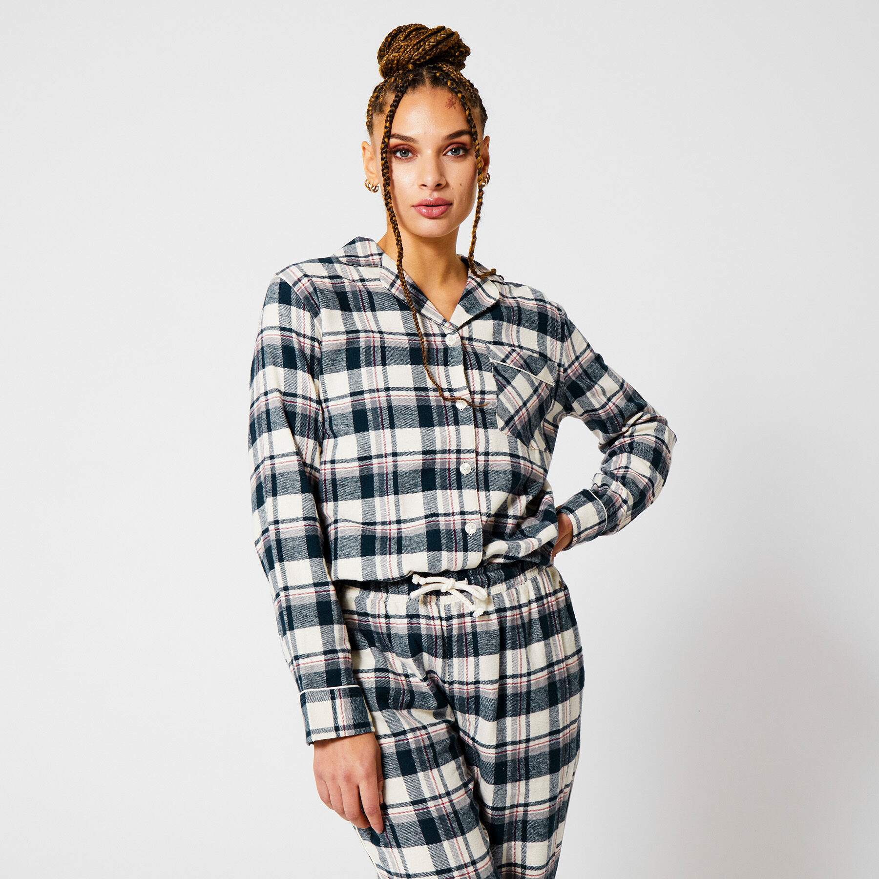 Women Pajama shirt flannel Navy/ecru 