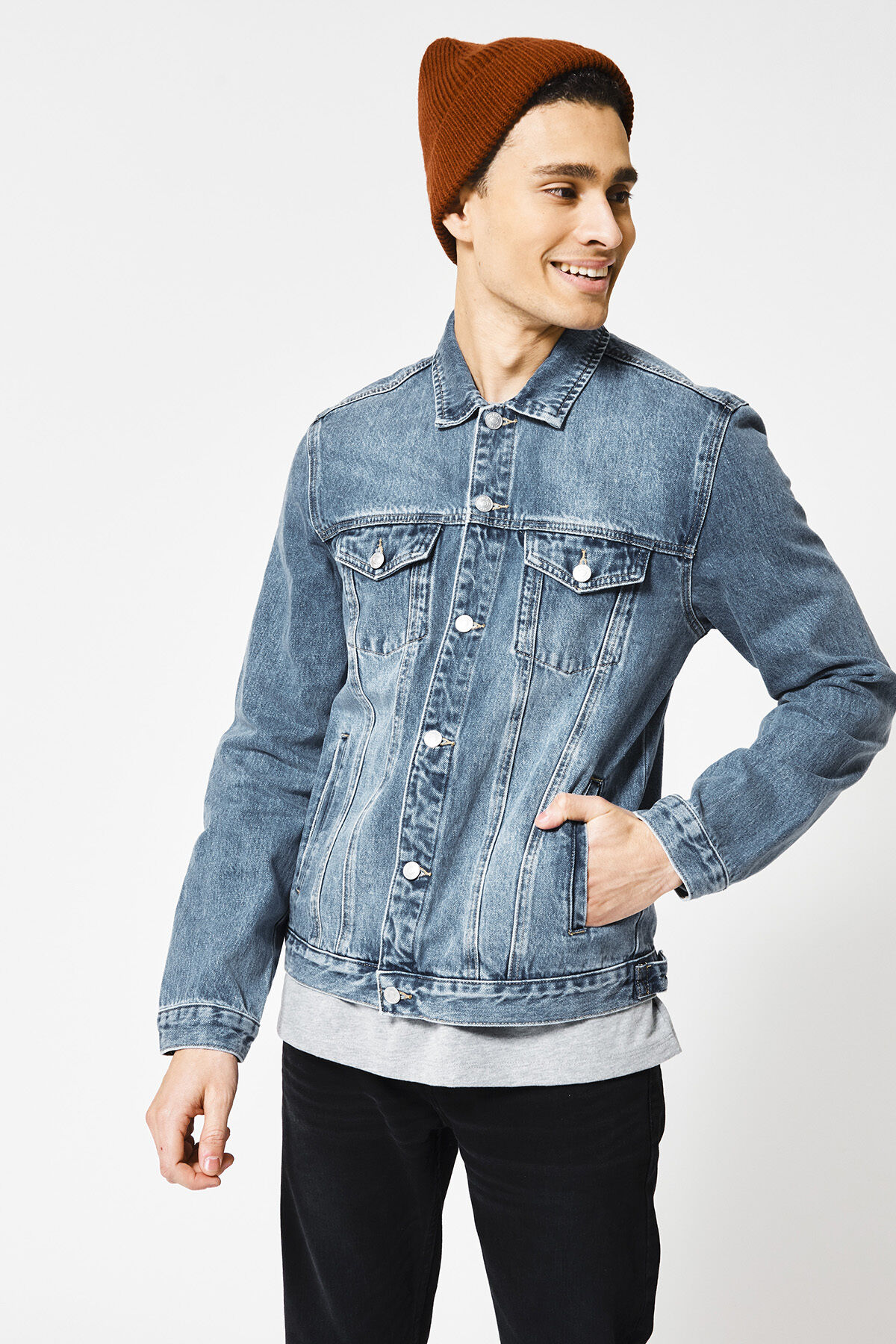 Men Denim jacket with a stand up collar Light stone washed