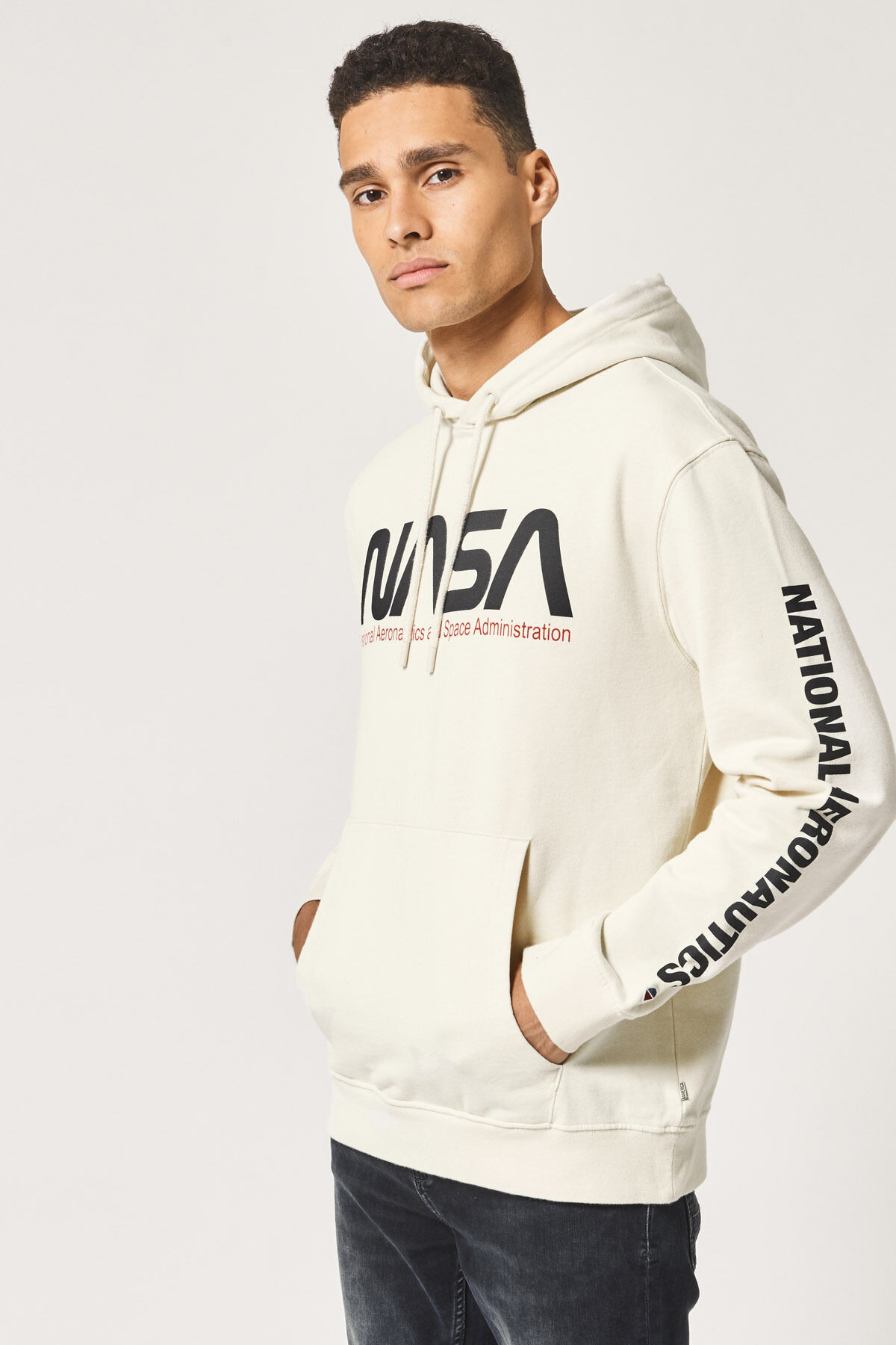Men Hoodie made of cotton with NASA print and kangaroo pocket Ivory