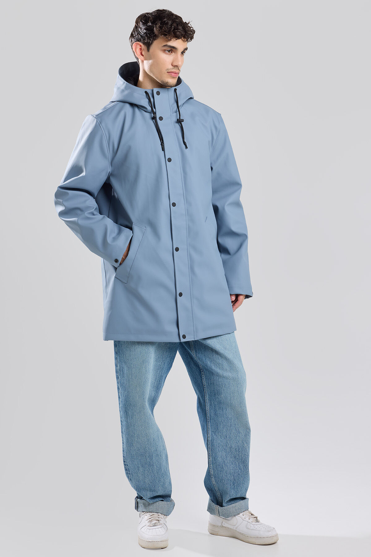 Powder blue raincoat store