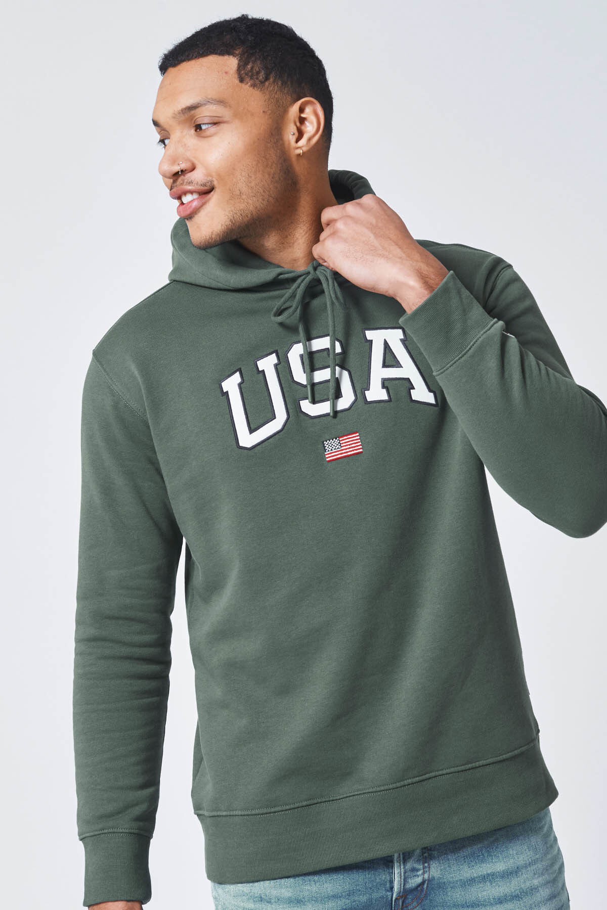 Hommes Sweat a capuche USA a cordon de serrage Green