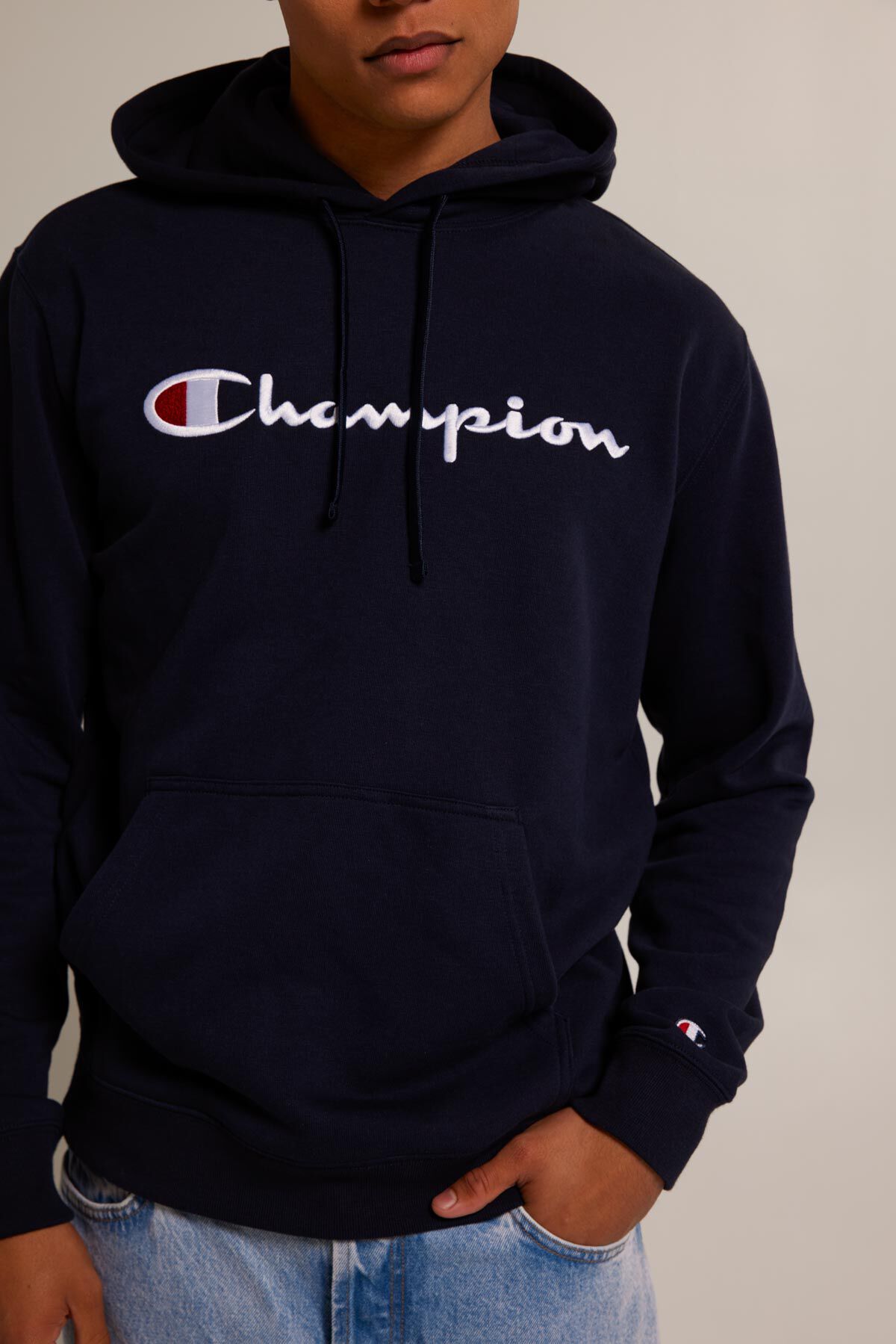 Men Champion Embroidered Big Script Logo hoodie Navy