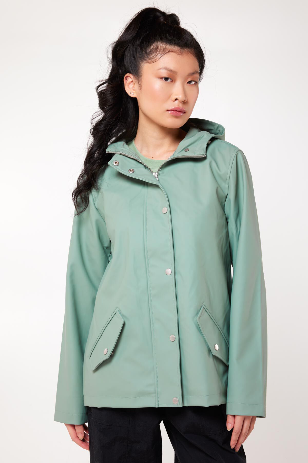 Women's short top raincoat with hood