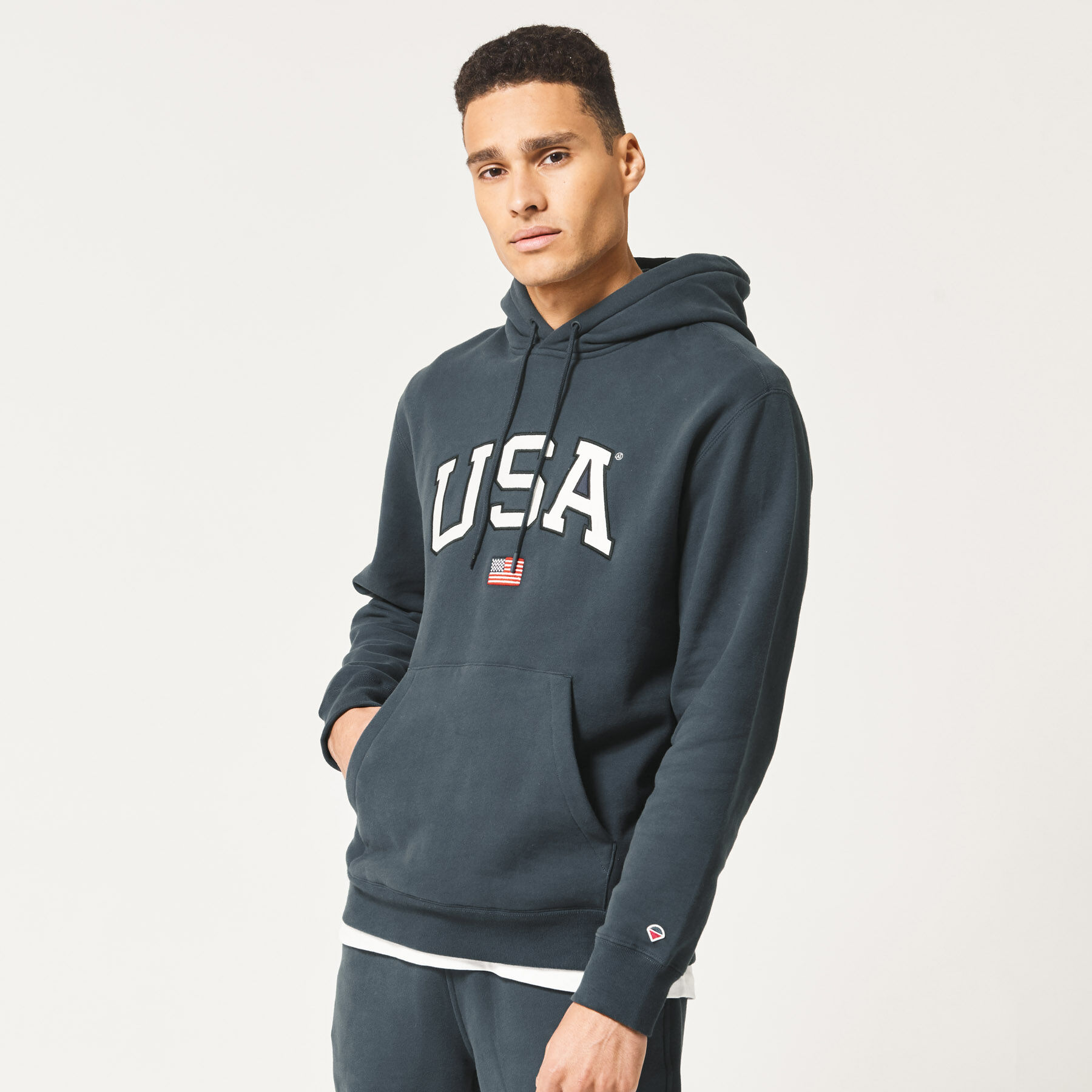 blue hoodie with white hood