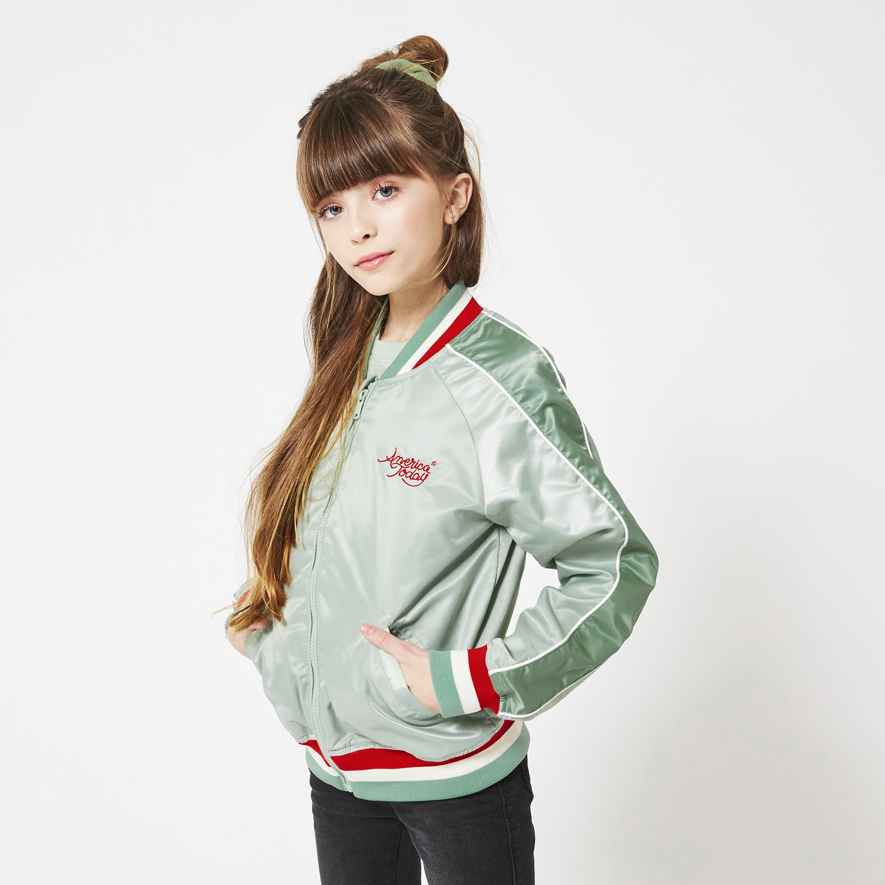 Girls Varsity Jacket Soft Green America Today