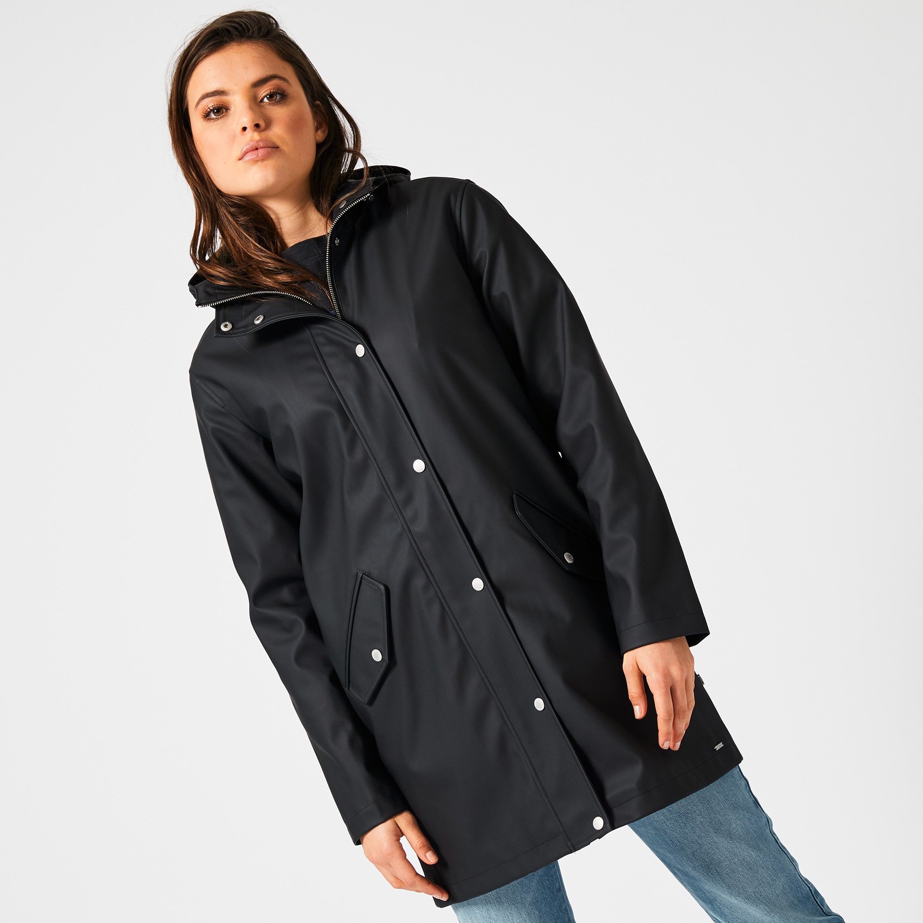 Women Long raincoat made of recycled polyester lined Black Buy Online